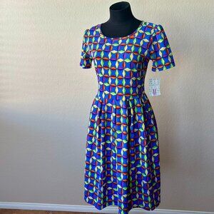 NWT Lularoe Amelia Dress Size Medium Geometric Vibrant Short Sleeve Zip Casual